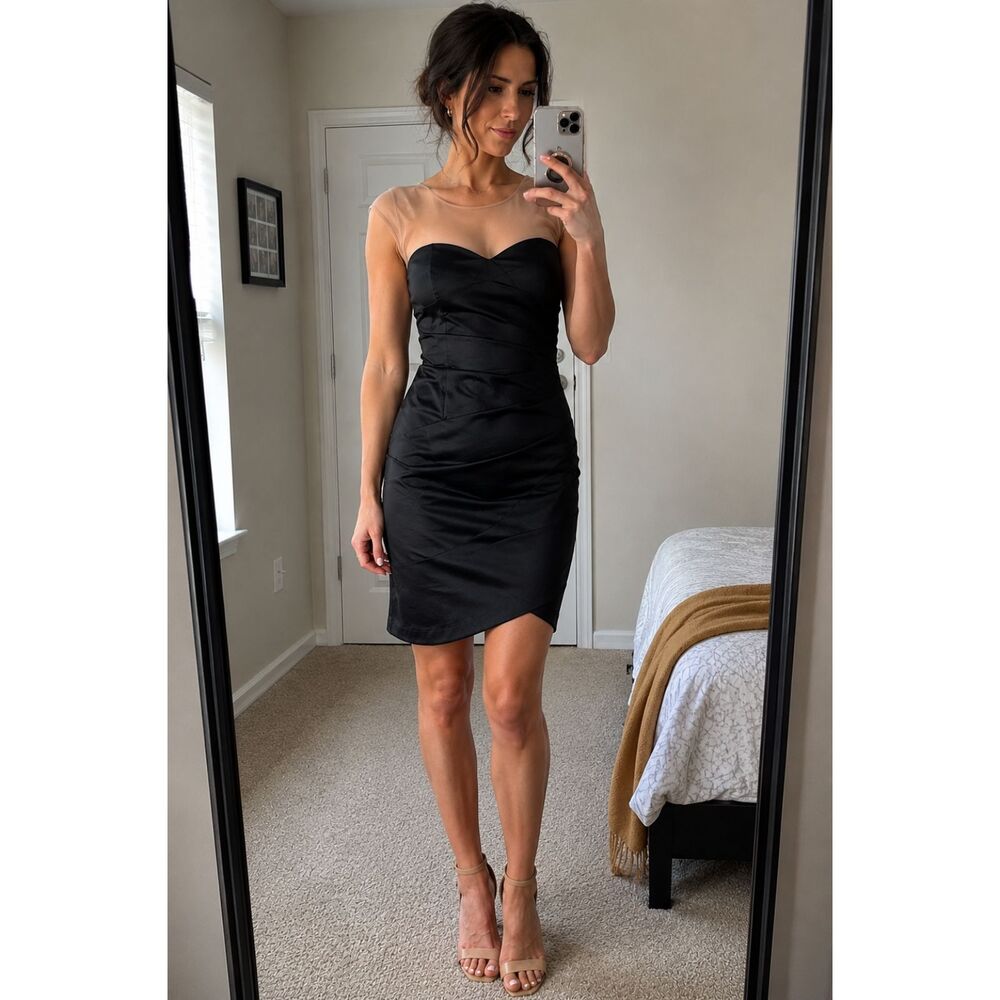 Gianni Bini Black Satin Illusion Mesh Bodycon Cocktail Dress Women’s Size 6